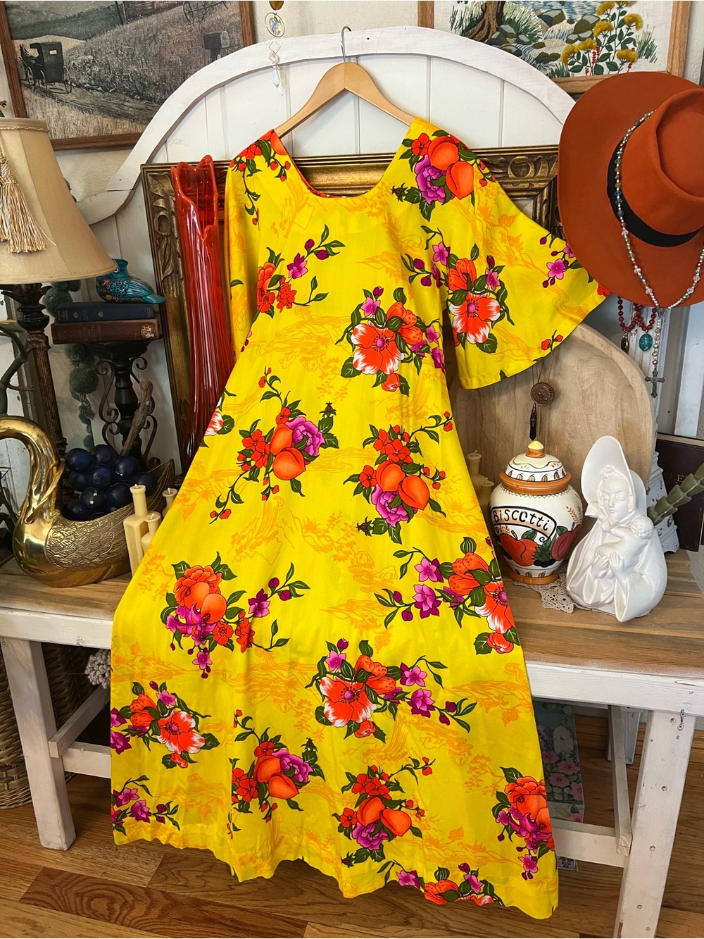 Vintage 1970s Muumuu Dress Two Potato Laguna Beach Technicolor Neon Floral Sz. M